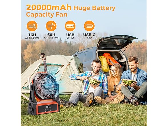 Portable Camping Fan, 20000mAh Rechargeable Battery