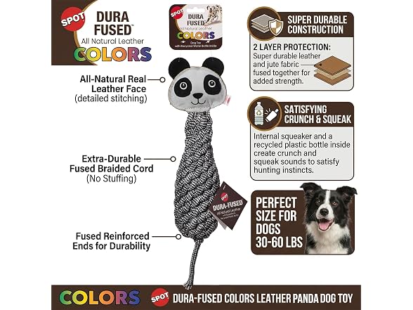SPOT Dura-Fused Colors Leather Bottle Cruncher Panda Dog Toy