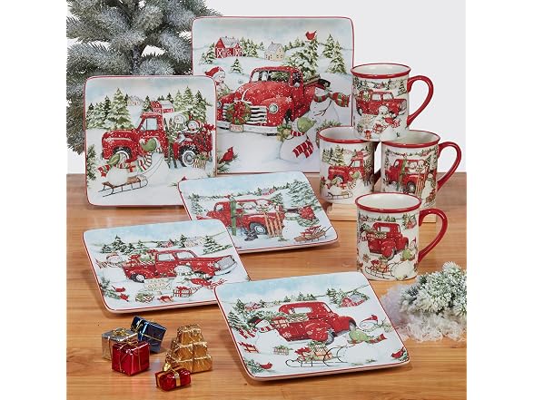 Red Truck Snowman 8.5" Salad/Dessert Plates, Set of 4