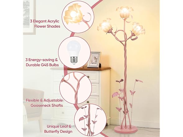 TOBUSA Flower Floor Lamp for Bedroom, 3-Head Whimsical