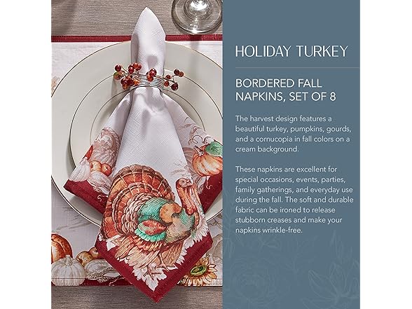 Elrene Home Fashions Holiday Turkey Bordered Fall Napkins