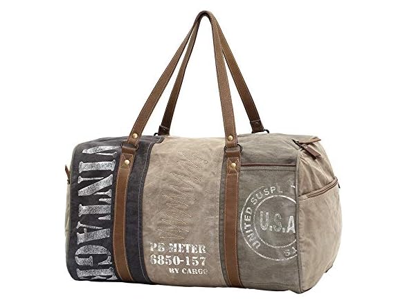 Vintage USA Travel Print Upcycled Canvas Leather Trim Duffle Bag