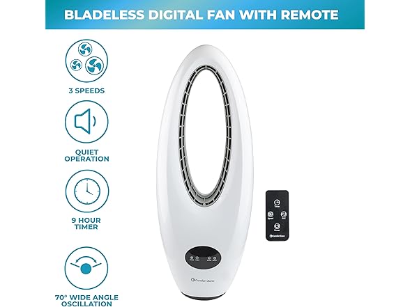 Comfort Zone 28" Oscillating Bladeless Tower Fan with Remote
