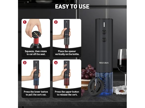 Secura Stainless Steel Electric Wine Opener, Black