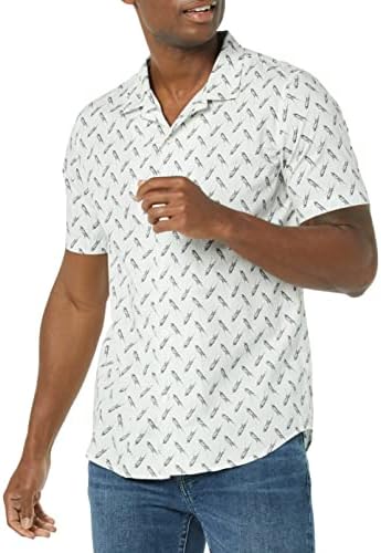 Amazon Essentials Men's Vacation Cotton Resort Shirt, Slim-Fit Short Sleeve, Light Blue Bird Print, Large