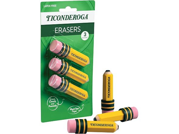 Ticonderoga Pencil Shaped Erasers, Yellow, 3 Count