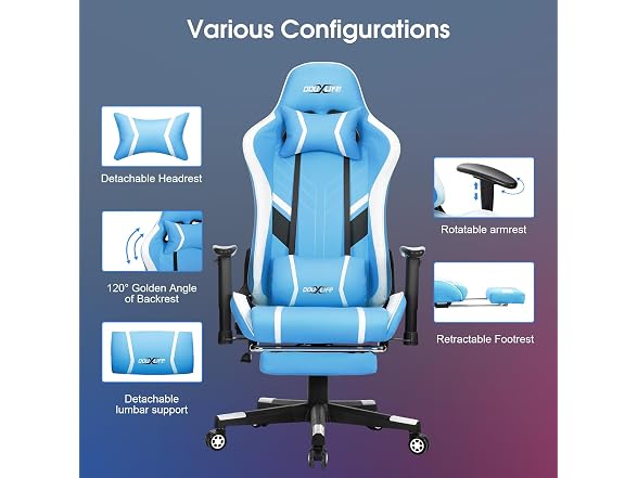 Massage Gaming Chair w/ Footrest, Blue