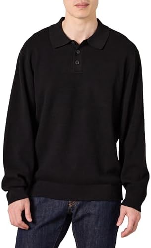 Amazon Essentials Men's Relaxed-Fit Knit Polo Sweater, Black, Large