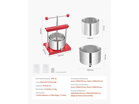 Fruit Wine Press, 0.88 Gallon/3.36L, 2 Stainless