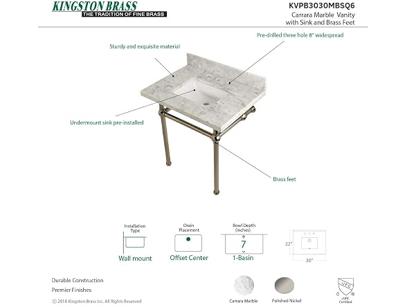 Kingston Brass Top, Carrara Marble White/Polished Nickel 30"