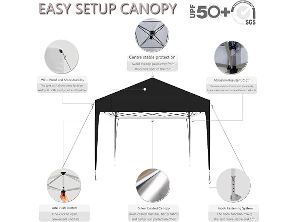 SANUMY 10x10 Pop Up Canopy – Easy Setup, Black
