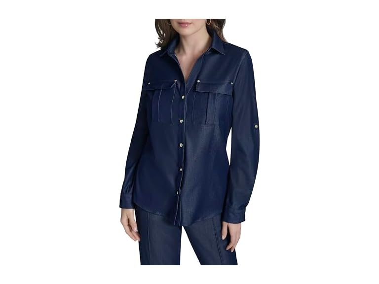 HALSTON Women Roll-tab Sleeve Denim-like Top
