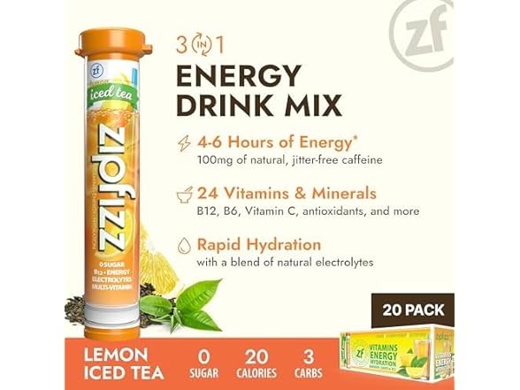 Zipfizz Daily Energy Drink Powder, Lemon Iced Tea, 20pk