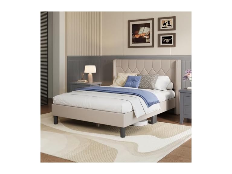 Avenco Queen Size Bed Frame, Upholstered Beige