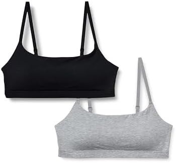 Amazon Essentials Women's Cotton Jersey Adjustable Scoop Bralette, Pack of 2, Black/Medium Grey Heather, Small