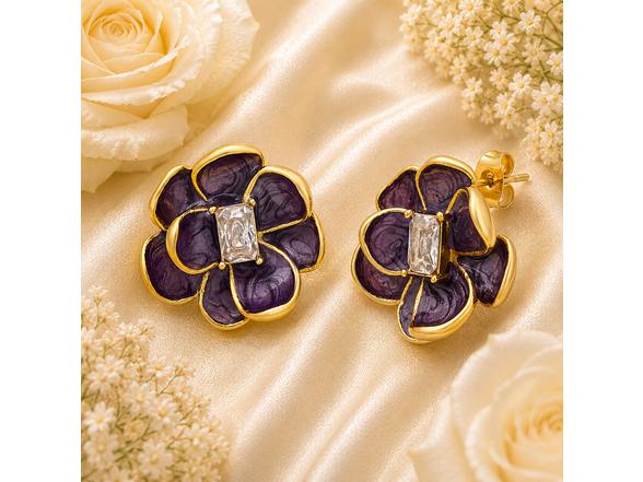 18K Gold Purple Floral Crystal Studs