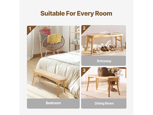 Rattan Bench, 43.3" Wooden Rattan Bench