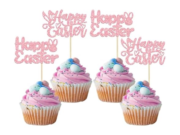 Gyufise 24Pcs Pink Glitter Easter Topper