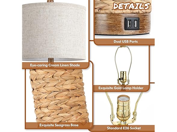 TOBUSA 1-Pack Seagrass Table Lamp