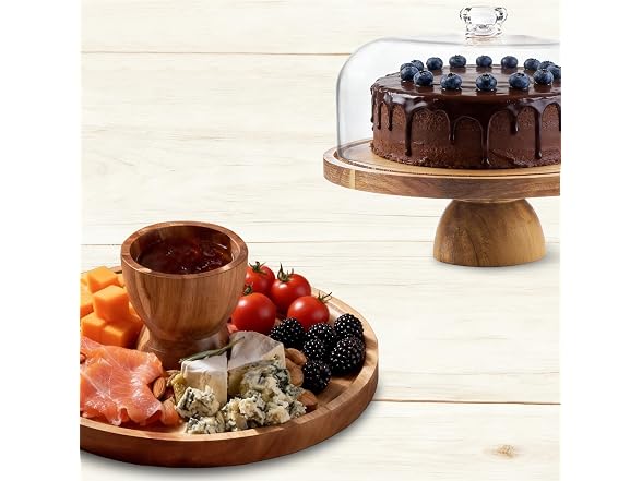 Takywep 2-in-1 Acacia Wood Cake Stand with Large Acrylic Dome 