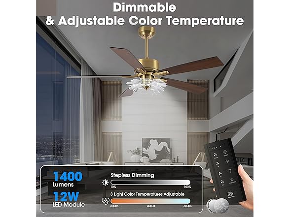 Parrot Uncle F6035GD 52 Inch Modern Gold Fan with Remote