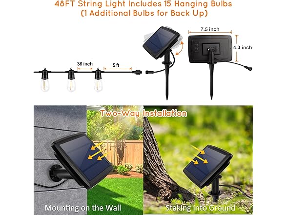 Yochoice Outdoor Solar S14 String Lights 48FT