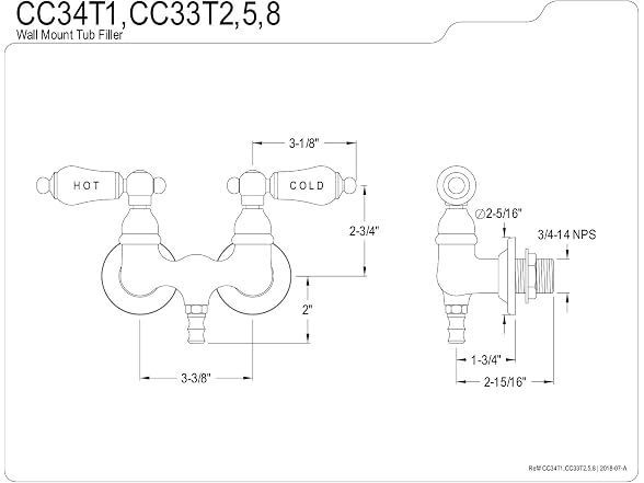 Kingston CC33T5 3-3/8-Inch Wall Mount Tub Faucet