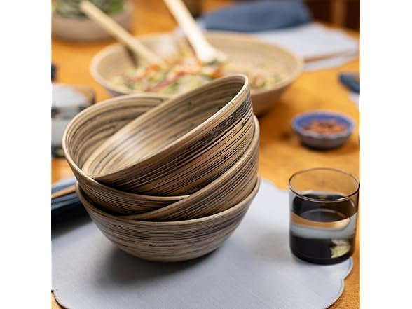 LEXA 6-Piece Handcrafted Bamboo Salad Bowl Set (Black)