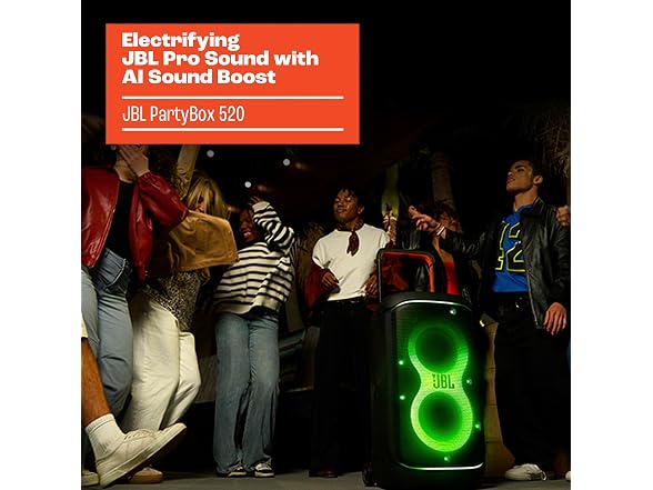 JBL PartyBox 520 - Portable Battery-Powered Party Speaker with AI Sound Boost, Up to 15 Hours of Play time, IPX4 Splash Proof, Multi-Speaker Connection by Auracast (Black) (Renewed) (Open Box)