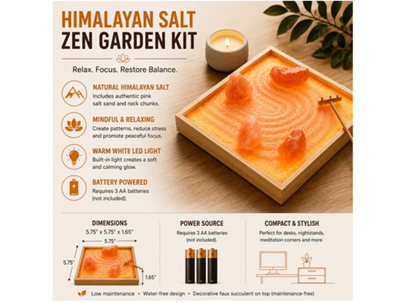 5.75 x 5.75" Himalayan Salt Rock Zen Garden Kit with Light