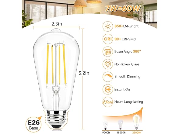 Brightever Edison Light Bulbs 60W Equivalent - Choose Size