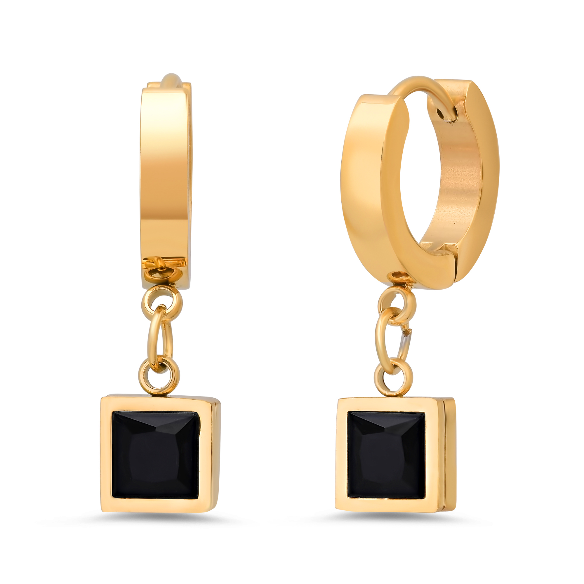 18K Gold Black Square Stone Huggies - Gallery 4