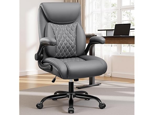 BESTFAIR Office Chair, Executive Computer Desk Chair with Lumbar Support for Lower Back Pain Relief, Ergonomic Leather Home Chair Comfy with Padded Flip-up Arms and Adjustable Armrests, Gray (Open Box)