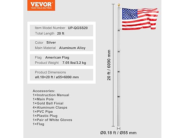 VEVOR 20FT Telescoping Flag pole Kit