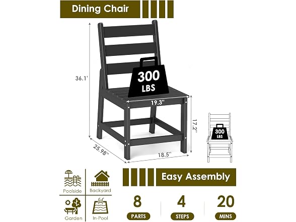 GREENVINES HDPE Outdoor Dining Chairs Set of 2, Armless Chair, Black