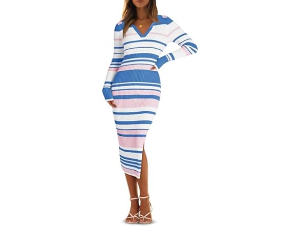 Women’s Striped V Neck Sweater Dress