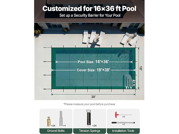 Pool Safety Cover Fits 16x36ft Rectangle