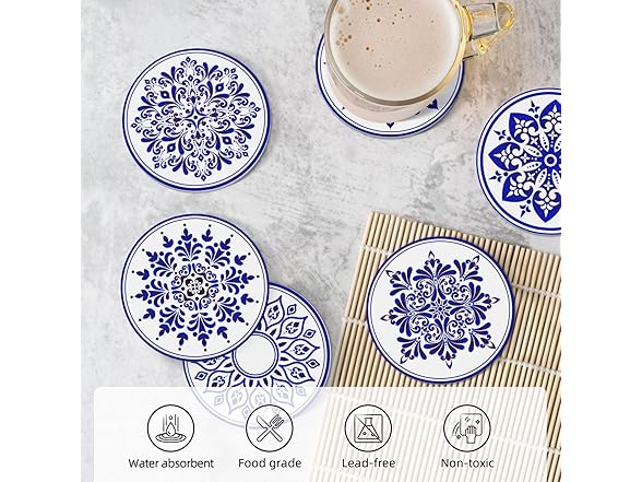 Coasters with Holder,Blue and White Style