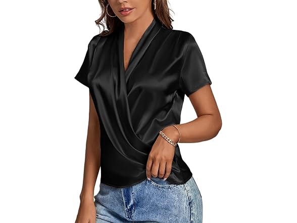 Lyaner Women (XL) Satin Silk Wrap V Neck Short Top