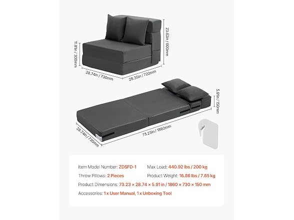 Folding Sofa Bed, 3-in-1 Foldable Couch