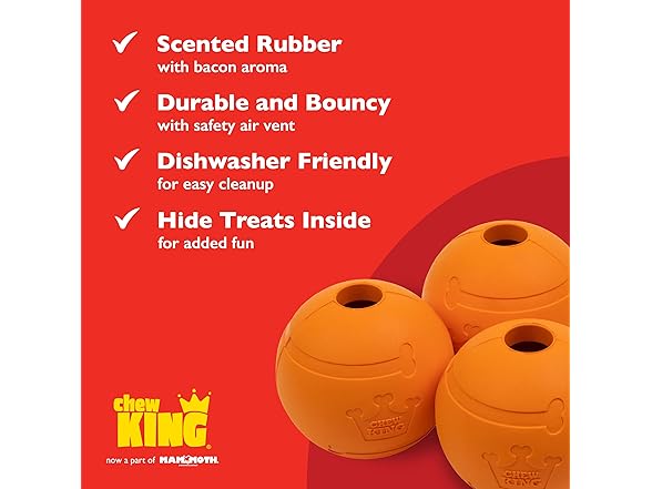 Chew King Dog 2.5" Bacon Flavor Rubber Balls 3 Pk