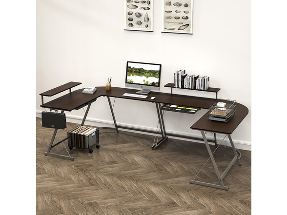 SHW L-Shaped Corner Desk w/Monitor Stand and Drawer - Gallery 5