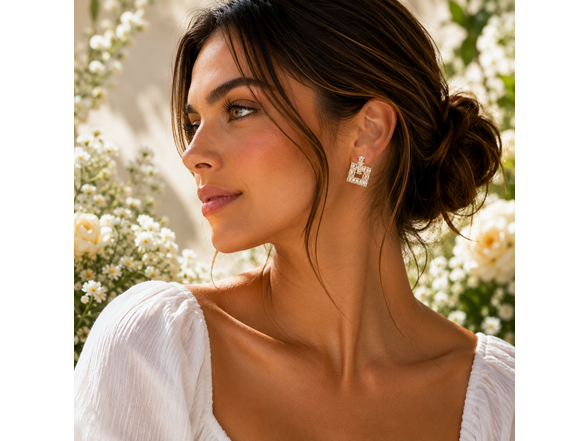 18K Gold Open Frame CZ Stud Earrings
