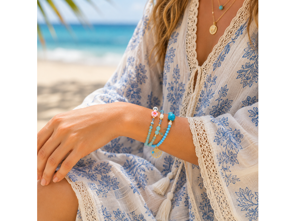 Stretch Beaded Bracelet Stack with Seashell Charm