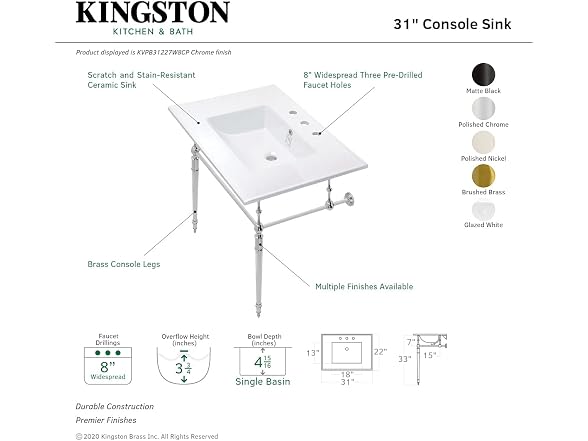 Kingston Brass 31" Ceramic Console Sink, White/Brushed Brass