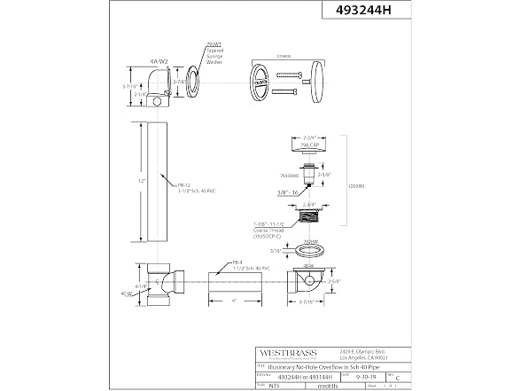 Westbrass 14in Waste Overflow Tip-Toe PN
