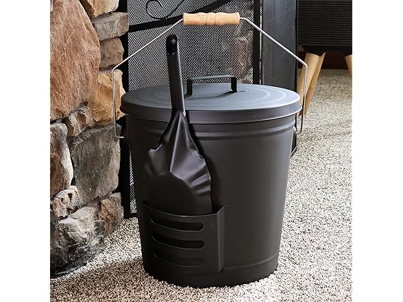 Sunnydaze 5‑Gallon Ash Bucket with Lid, Shovel & Brush