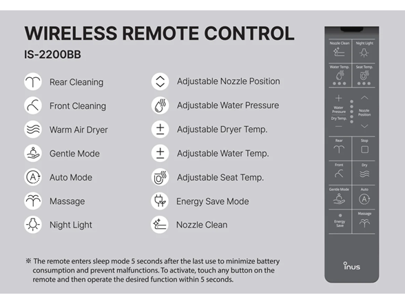 Inus IS-2200BB Electronic Bidet - Slim Remote & V-Clean