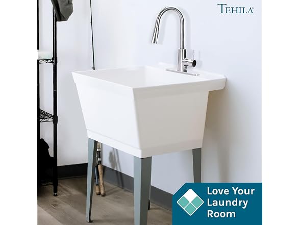 White Utility Sink Laundry Tub with High Arc Stainless Faucet
