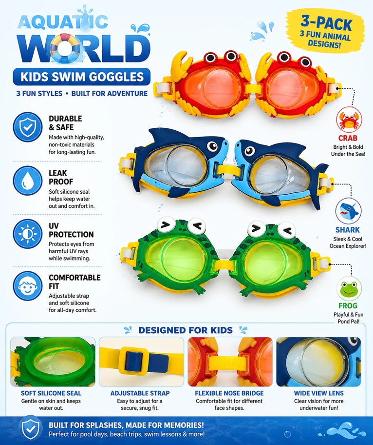 Kids Swim Goggles 3PK Crab Frog & Shark - Gallery 6